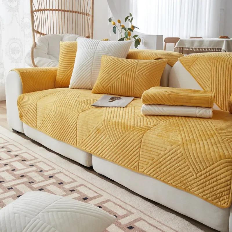 Tykk plysj Sofatrekk Geometriske Striper Sofa Håndkle Anti-skli Kombinasjon Sofa Pute Sliptrekk for stuebeskyttelse