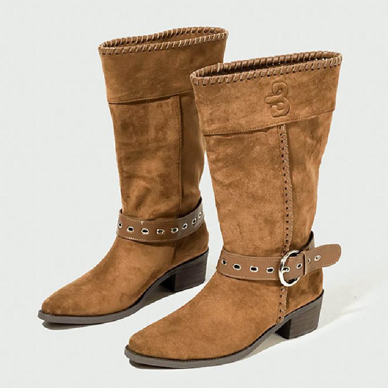 Fashion Retro Western Ankle Boots for Women Fashion Belt Buckle Decoration Wedge Mid Calf Boots High Quality Faux Suede Zapatos De Mujer