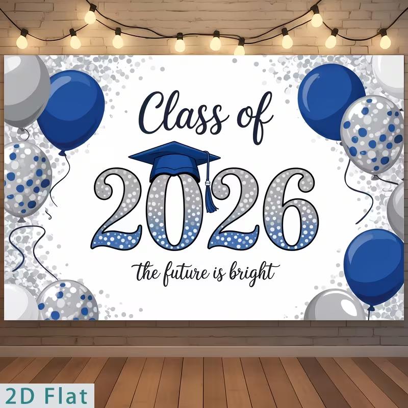 2D Class of 2026 Blue Silver Graduation Photo Booth Background Cloth