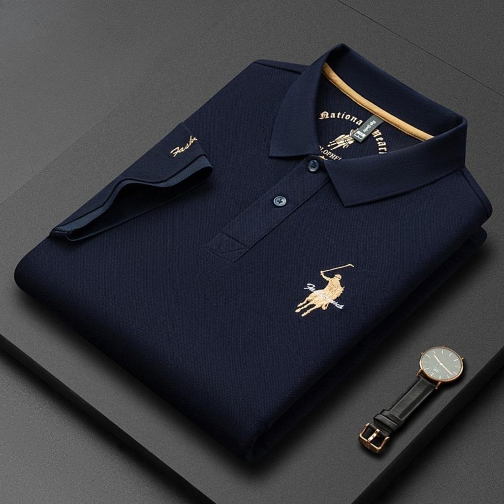 Trend Hub Luxus Stickerei Herren Poloshirt Dünn Atmungsaktiv 100% Baumwolle Schwarz Marineblau Revers Kurzarm Tops Markenkleidung