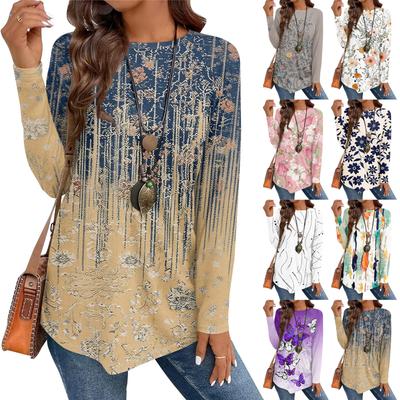 Women's Casual Plus SizeLong Sleeved Round Neck Vintage Ethnic Printing T-shirt Top Pullover