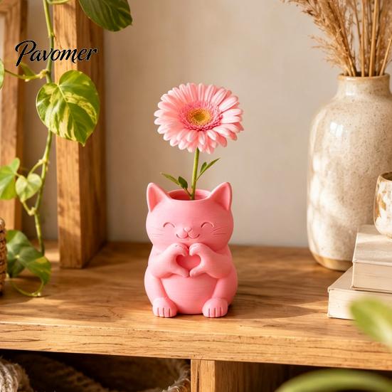 Whimsical Studio Display Props 3D Printed Cat Vase, Cute Smiling with Heart‑Hand Gesture Flower Holder, Creative Pen Cup for Office Animal