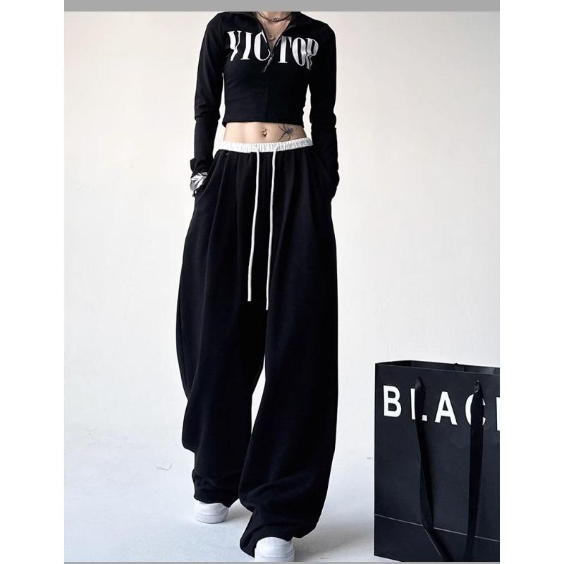 American Black Sports Pants for Women In Spring and Autumn 2024 New Style Loose Dance Student Sweatpants Contrasting Wide Leg Pants Trendy