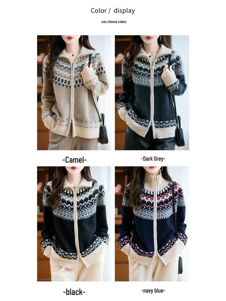 Women's Thickened Fair Isle Pure Wool Cardigan – Loose Knit Sweater Coat for Autumn & Winter