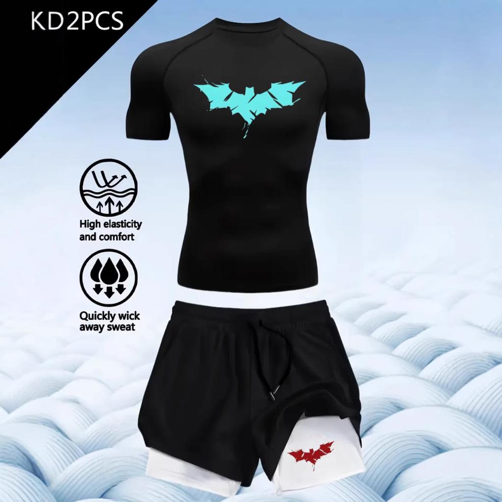 2D printed T-shirt men's summer two-piece sportswear running T-shirt elastic quick-drying sports top sports fitness shirt men's