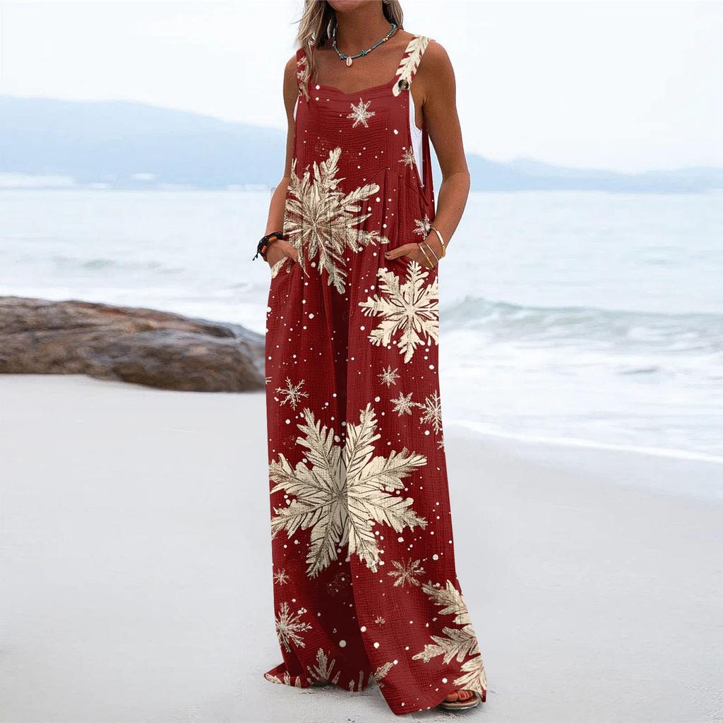 Women's Christmas Print Solid Wide Leg Strapless Tank Pocket Casual Onesie