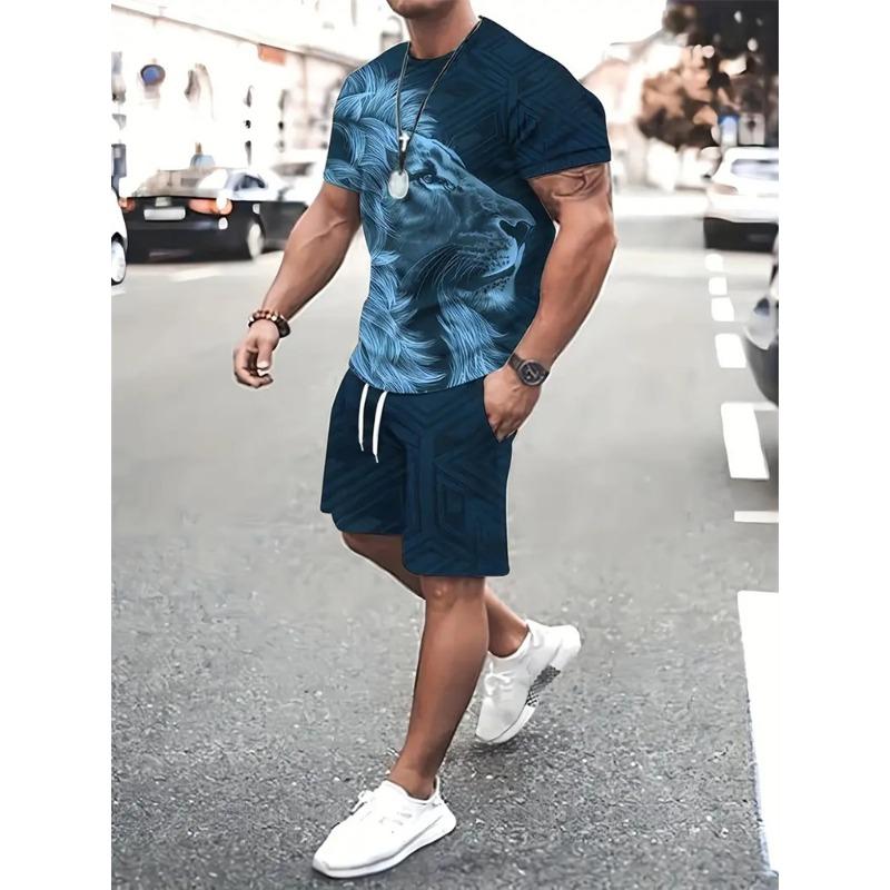 Sommer Herren Löwenmuster Kurzarm Rundhals Atmungsaktives T-Shirt Shorts Anzug Neuer Herren Temperament Streetwear Anzug