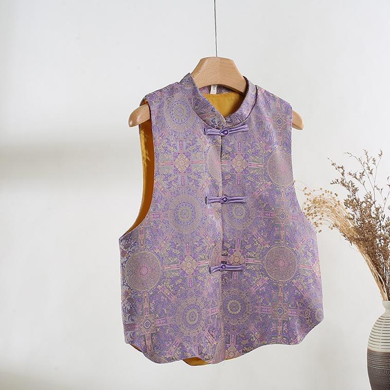 

Жилет с вышивкой, темпераментный, старший, женский, 2025 весна, воротник-стойка, пряжка, без рукавов, маленький человек 3XL ([Recommended 138-75kg]) фиолетовый