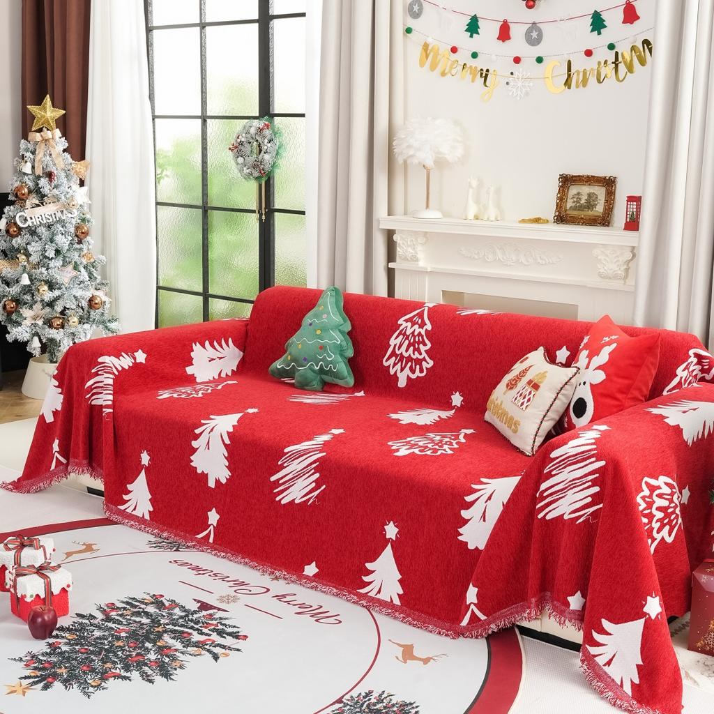 Christmas Tree Jacquard Chenille Sofa Towel with Tassels Holiday Decor for Living Room Couch Cover