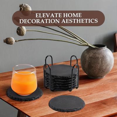 8pcs Black Coasters, Slate Drink Coasters with Metal Holder, Stone Coaster Set Coffee Table Decor Tabletop Protection