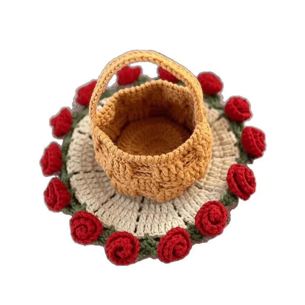 New Polyester Rose Bouquet Coasters Hand Knitted Cotton Crochet Flower Pot DIY Crochet Flower Cupmat Gift