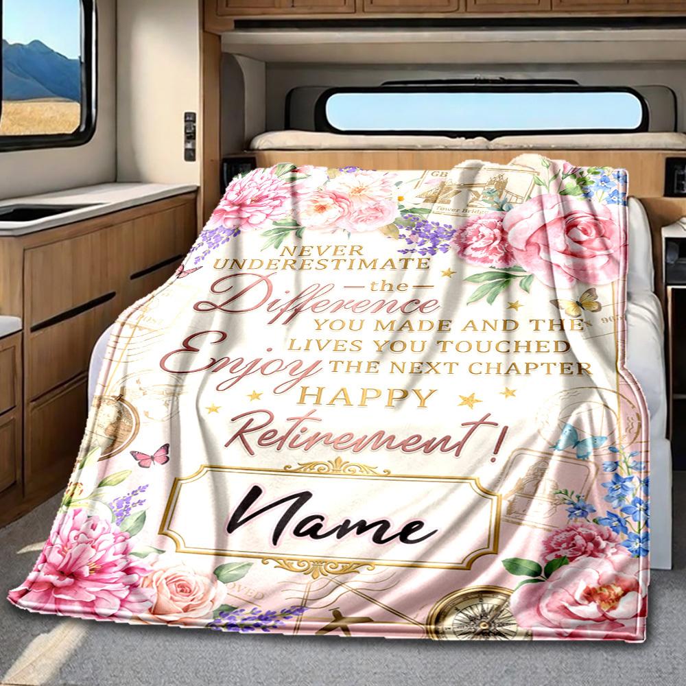 Happy Retirement Floral Card Blanket Personalized Name Soft Comfortable Stylish Blanket Car Blanket Perfect For Travel Camping Outdoor Home Suitable