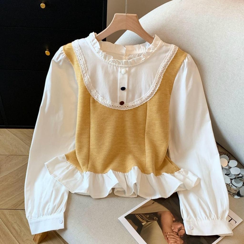 Women's 2025 Autumn Color Block Patchwork Faux Two-Piece Long-Sleeve Loose Petite Top