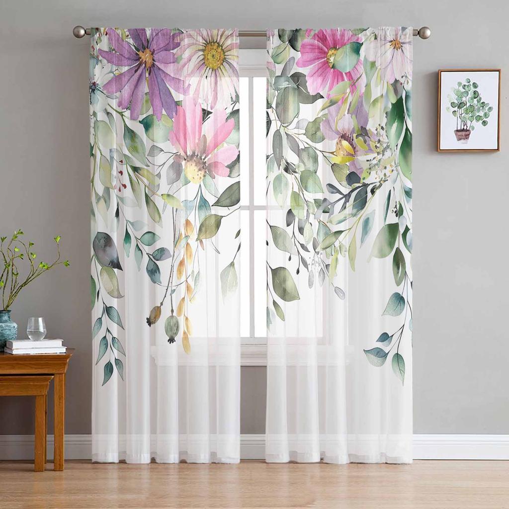 Pastoral Plants Flowers Plants Watercolor Sheer Curtain Living Room Drapes Home Bedroom Voile Curtain Tulle Window Curtain