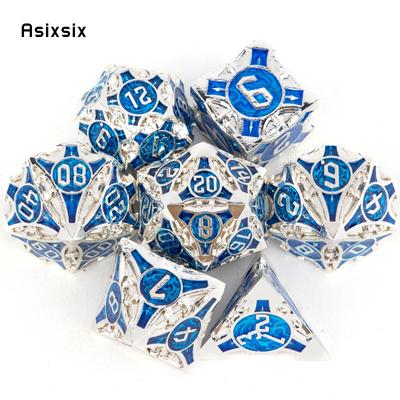 7-teiliges blau-weißes Metallwürfel-Set aus massivem Metall, polyedrisch, geeignet für Rollenspiele, RPG-Brettspiele, Kartenspiele