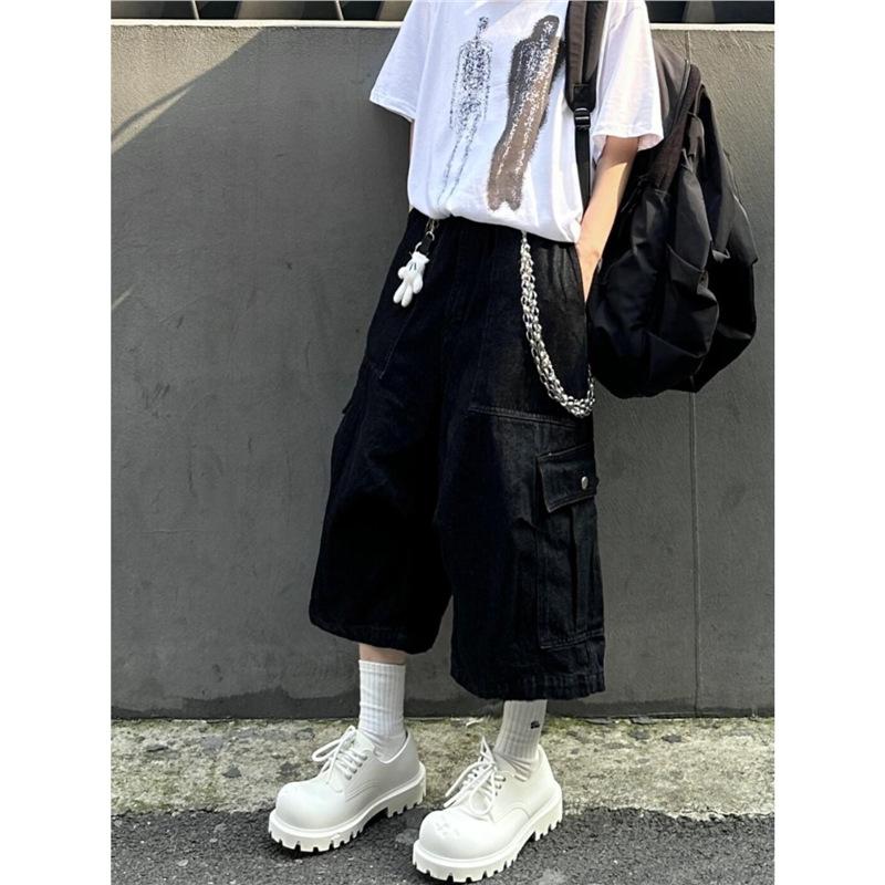 American High Street Retro Washed Big Pocket Wide Leg Seven-point Jeans Men's and Women's Summer Loose Tooling Trousers