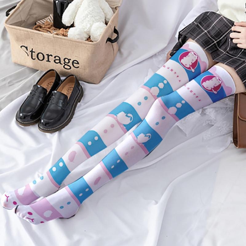 Japanese Anime Lolita Thigh High Stockings Women Girls Sweet Kawaii Cartoon Rabbit for Cat Geometry Striped Print Cosplay Over