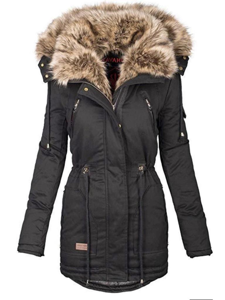 Dámská nová zimní teplá bunda s kapucí a kožešinovým límcem na zip, slim bavlněný kabát W133
