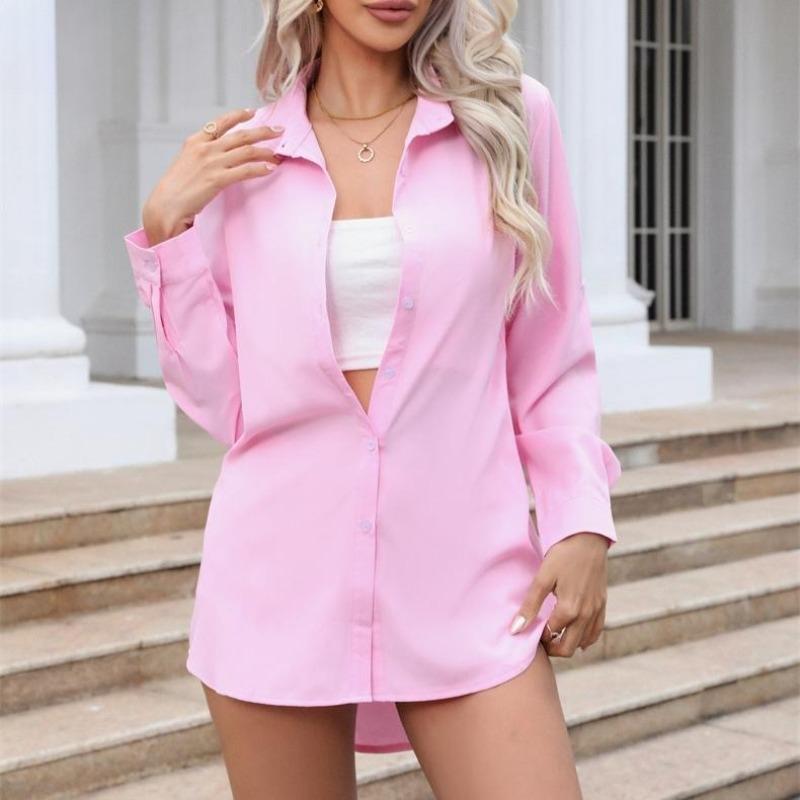EastRogue Women's Fashion Casual Spring Fall Solid Color Print Long Sleeve POLO-Neck Blouses & Shirts