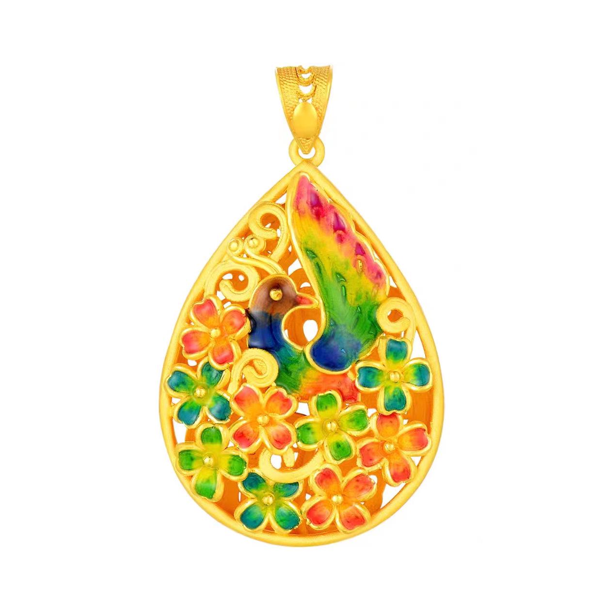 Позолоченный Медный Клоазоне Эмаль Феникс Подвеска с Дизайном Ста Цветов в Вьетнамском Песочном Золоте для Женщин