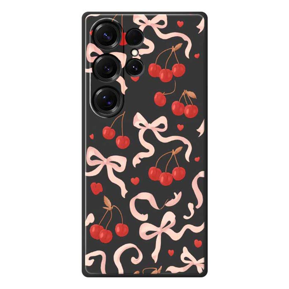 For Samsung Galaxy S25 Ultra Case Big Bow Cherry Pattern Printing Straight Edge TPU Phone Back Cover