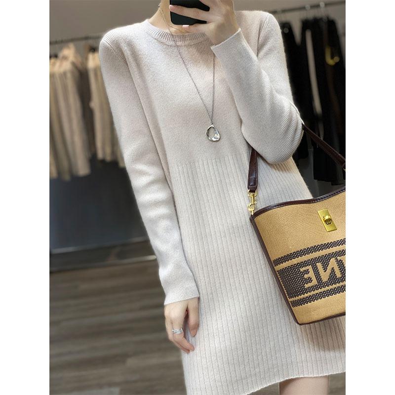 Autumn and Winter New Medium and Long Sweater Women's Crew Neck Knitted with Coat Dress Small Versatile Bottoming Skirt