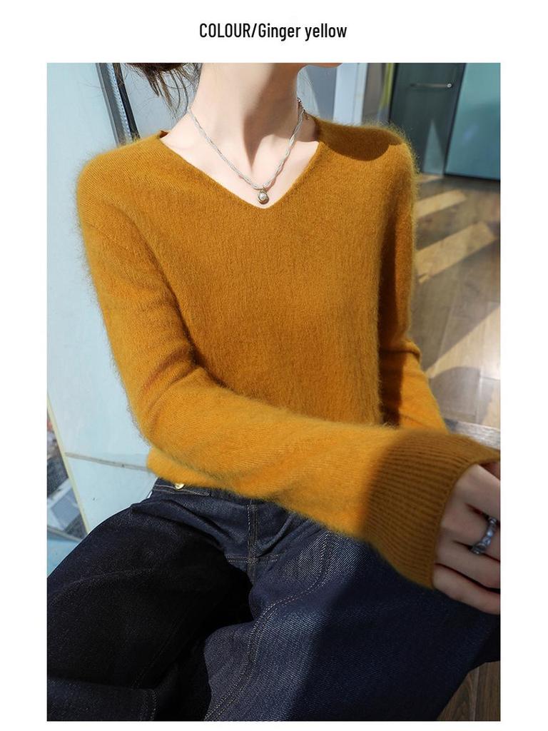 New Seamless Mink Velvet V-Neck Cashmere Sweater for Women - Loose Fit, Solid Color, Short Pullover Knitwear for Autumn and Winter