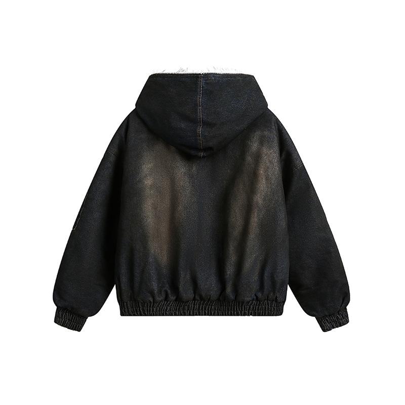 Jaquetas Acolchoadas Masculinas Moda Denim Lã com Capuz Desgastadas Zíper Patchwork Soltas Inverno Roupa Masculina Estilosa