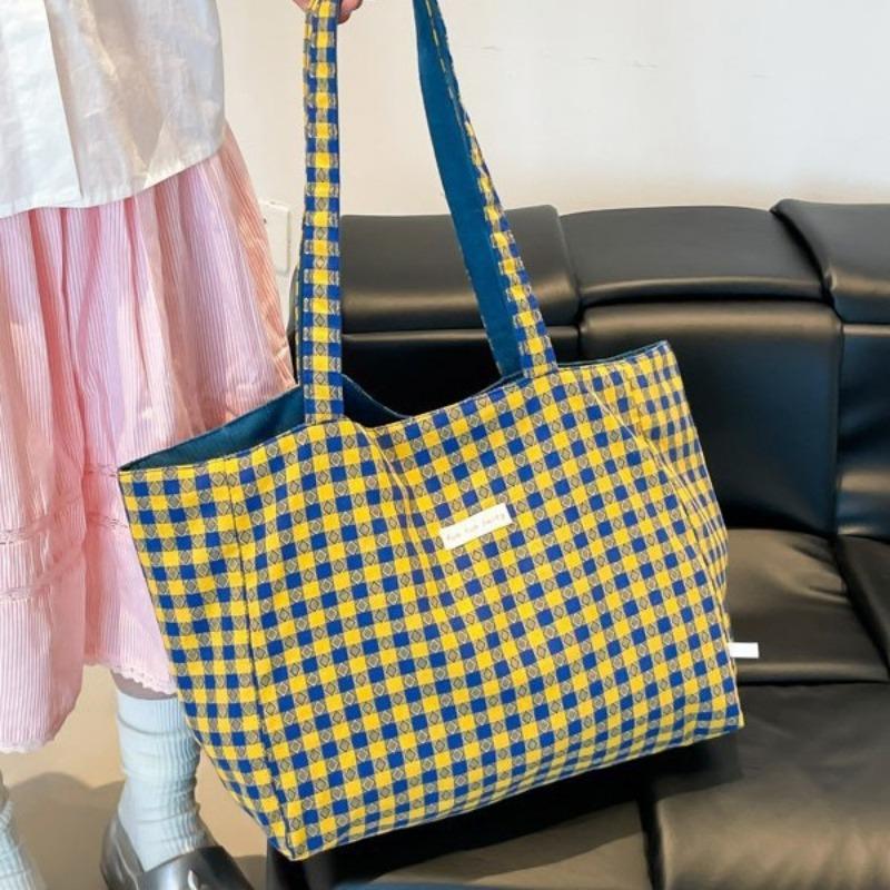 Mushroom Embroidered Shoulder Messenger Bag Corduroy Plaid Double-sided Bag Autumn and Winter New Retro Student Class Bag