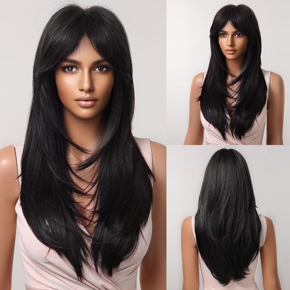 

Черные синтетические парики, длинные прямые многослойные парики с челкой для чернокожих женщин, термостойкие косплей, повседневный парик из натуральных волос Wig-lc2068-8