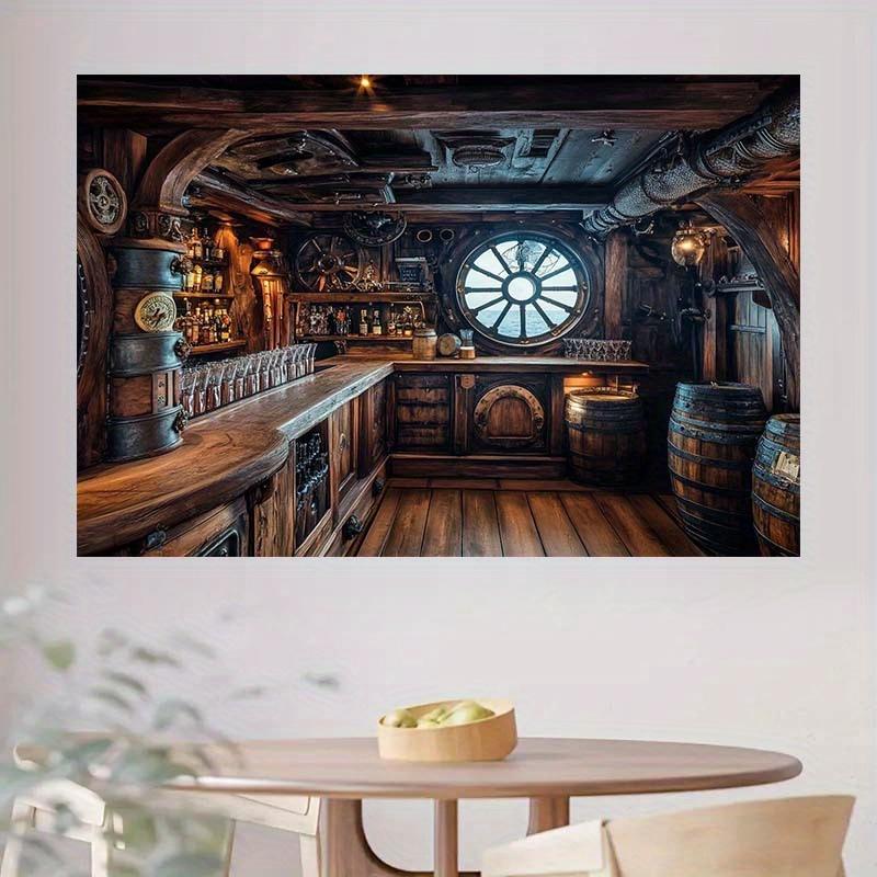 2D Banner Retro Pirate Ship-themed Background Cloth with Wooden Barrel and Nautical Wheel Designs, Event Decoration