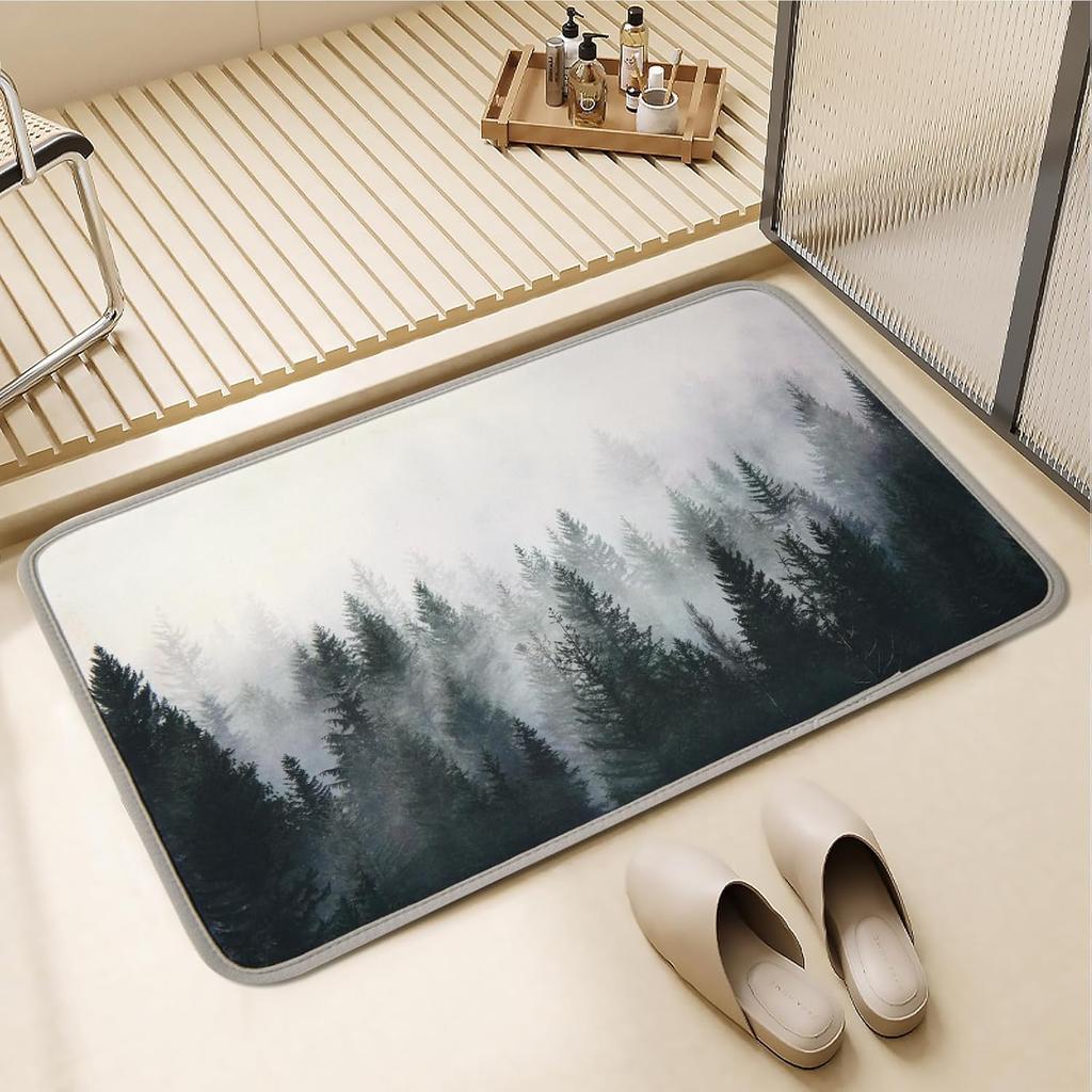 Misty Forest Bathroom Rug Thin Doormat Floor Mat Absorbent Quick Dry Non Slip Diatomaceous Mud Mats with Rubber Backing Tub Sink Laundry Kitchen
