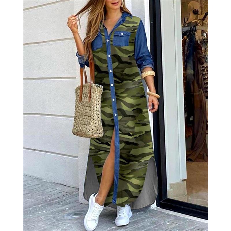 Women's Summer New Style Long-sleeved Casual Shirt Skirt Long Printed Split V-neck Large Size Loose Dress