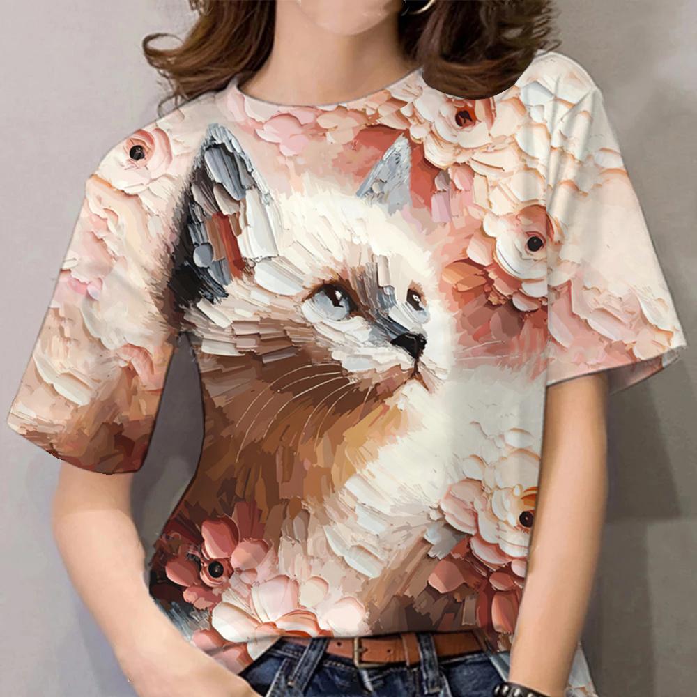 

Fashion cute cat T-shirt animal 3D printing women s casual round neck short sleeved T-shirt 5XL