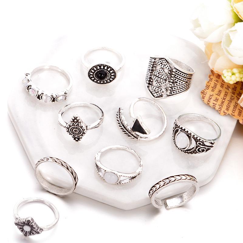 Women Bohemian Retro Crystal Knuckle Rings Set 10 In 1