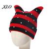 Casual Outdoor Knitted Cap Cat Ear Hat for Women Girls, Striped Slouchy Crochet Headgear Fashionable Daily Wear with Shiny Rhinestones, Cute