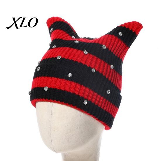 Casual Outdoor Knitted Cap Cat Ear Hat for Women Girls, Striped Slouchy Crochet Headgear Fashionable Daily Wear with Shiny Rhinestones, Cute