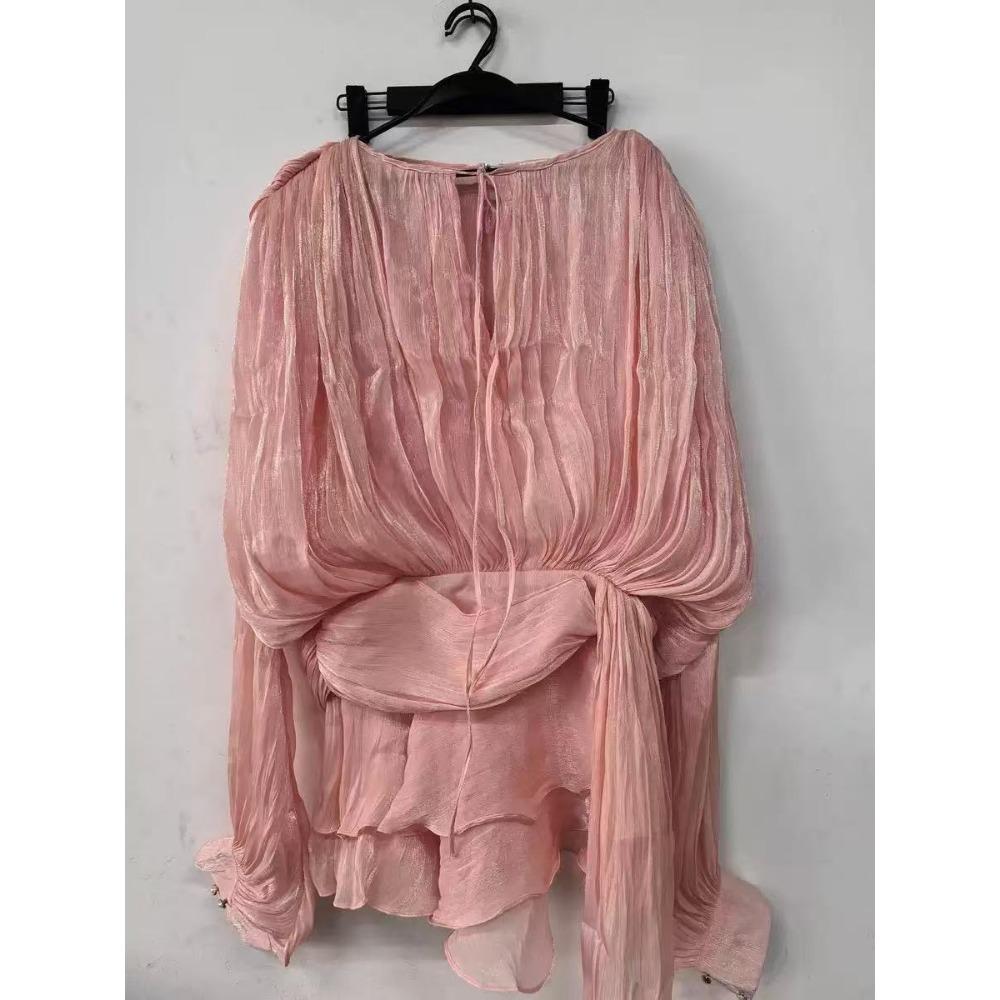 Solide Patchwork Schnürkleider für Damen O-Ausschnitt Langarm Hohe Taille Gespleißte Falten Temperament Kleid Damenmode