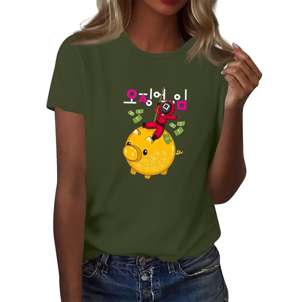 Damen Rundhals Bedrucktes Kurzarm T-Shirt Top