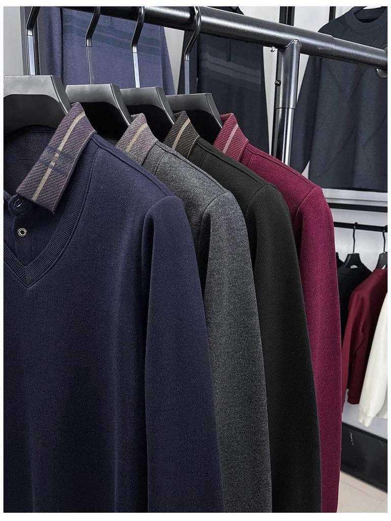 Men's Winter Thickened Knit Sweater with Lapel - Business Casual, Plus Velvet, Fake Two-Piece Design