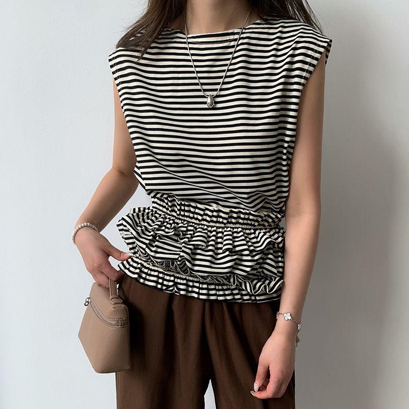 Cross-Border Japanese and Korean New Arrival Fruit Green Stripes Round Neck Ruffles Tight Wrapped Chest Belt Two-Way Sleeveless T-shirt for Women