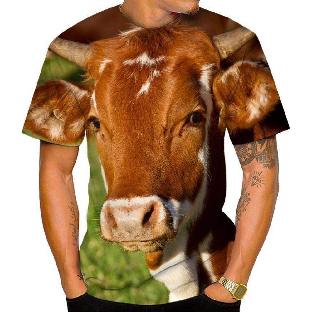 New Summer 3D Printed Men's T-Shirt, Cow Print Casual Short Sleeve, Fun Animal Breathable Lightweight Sports Top