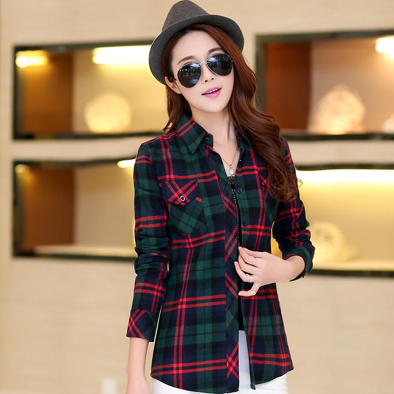 New Cotton Women's Shirts Grid Plus Size M-5XL Blouse Shirt Casual Long Sleeve Checkered Shirt  Turn-down Collar Streetwear