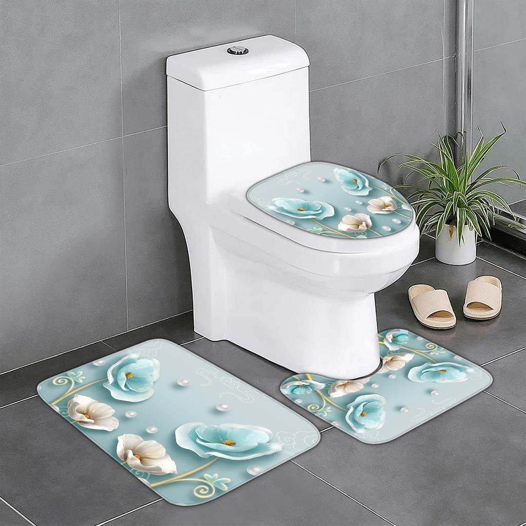 4-piece Set of Blue White Jade Orchid Waterproof Printed Shower Curtains with 12 Hooks, Bathroom Floor Mats