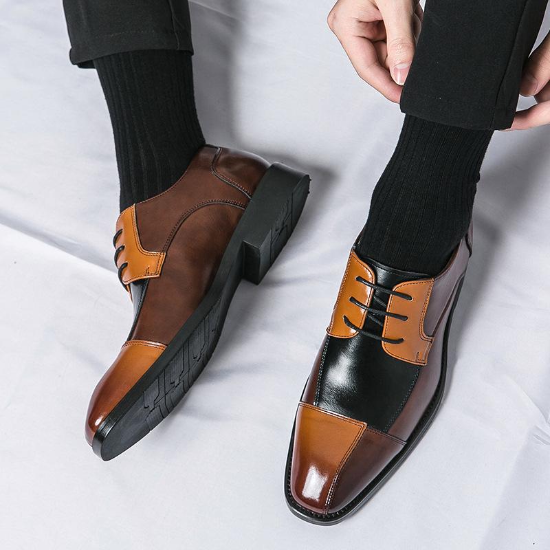 Plus Size Men's Color Block Lace-up Pointed Toe Leather Derby Shoes - Formal Business Casual British Style.