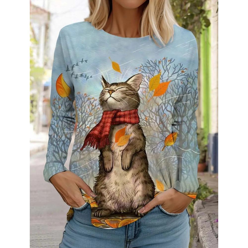 Spring and Autumn Round Neck Cat Pattern 3D Printed Top Fashionable Casual Long Sleeved Women's T-shirts