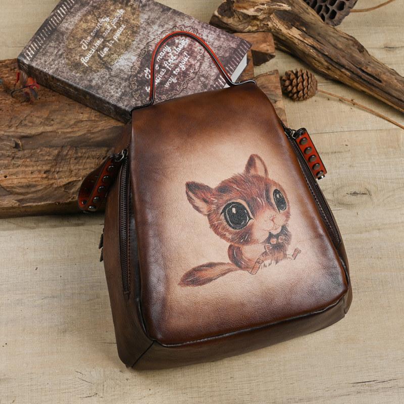 

Рюкзак из натуральной кожи с узором белки в винтажном дизайне для женщин, женские кожаные рюкзаки, рюкзак 28cm*13cm*30cm кофейный