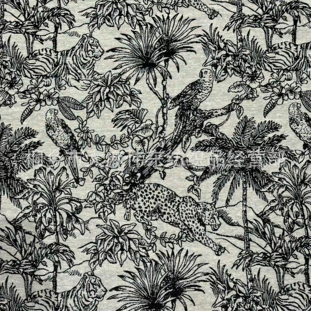 Vintage Black & White Jungle Print Polyester-Cotton Jacquard Fabric for Sofa, Pillow, Clothing, or Shoes