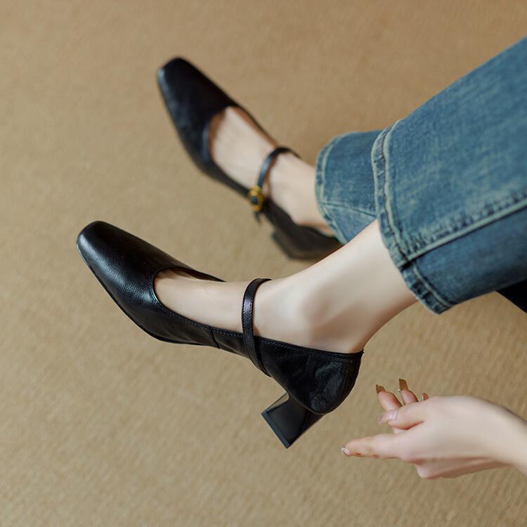 Fashion French Retro Square Head with A Line High Heels New Chunky Kitten Mary Jane Women's Shoes