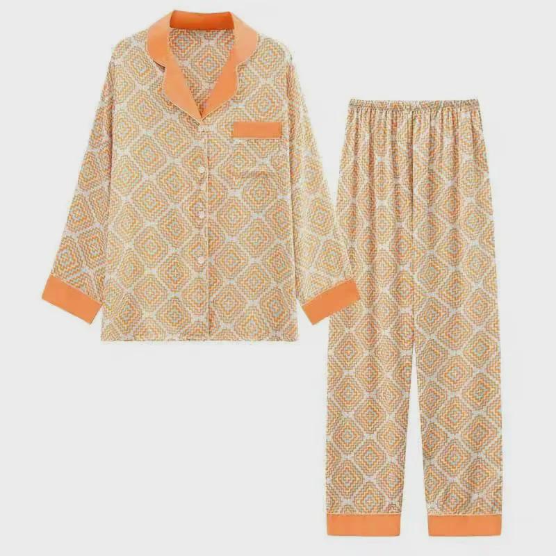Women's Ice Silk Pajama Set - Long-Sleeved Top & Trousers for Spring/Autumn